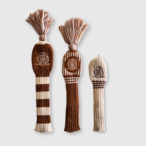 Wool Knit Golf Club Head Covers Set - Cream & Brown, MVP Logo