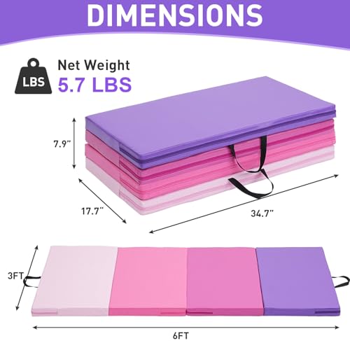 Oneofics Pink Gradient Kids Gymnastics Tumbling Mat 3x6FT 2-Inch Folding Exercise