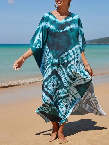 Turquoise Geometric Tie Dye Kaftan Dress - Plus Size Beach Cover Up