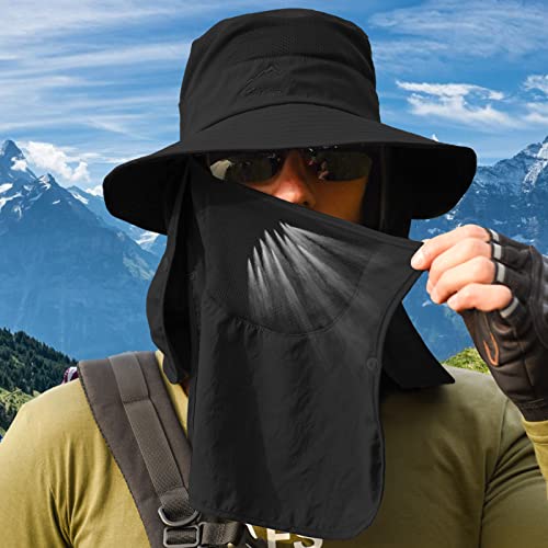 Men's Sun Protection Fishing Hat with Removable Neck Flap Face Cover - Black