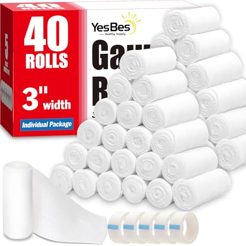 40 Pack Gauze Rolls - 3 in x 4.1 Yards, Non-Stick Wound Bandage Wraps