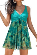 Large Green Floral Print V-Neck One-Piece Swimsuit with Tummy Control and Skirtini Style - Modest Bathing Suit
