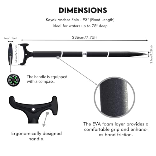 7.75 ft Floating Boat Anchor Pole with T-Handle & Compass - Fiberglass Shallow Water Anchor