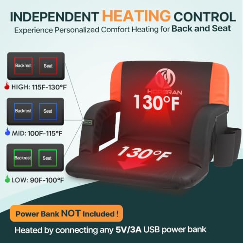 HOPERAN 25" Super Wide Heated Stadium Seat with Back Support - Orange, 2-Piece