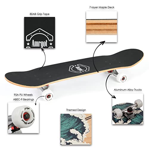 WiiSHAM 31-Inch Black Complete Beginner Skateboard for Kids & Adults, 7 Ply Maple