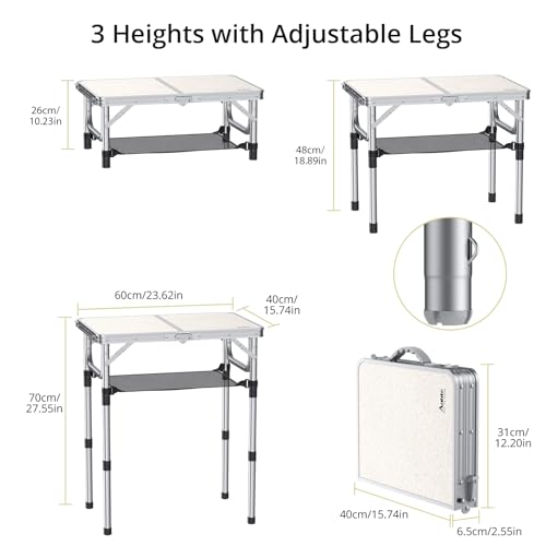 Adjustable Height Folding Camping Table 24x16 Inches with Storage Mesh - Silver