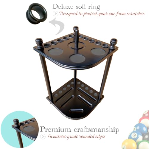 Black Pool Cue Rack Floor Stand for 10 Cues | Hardwood Billiard Accessories