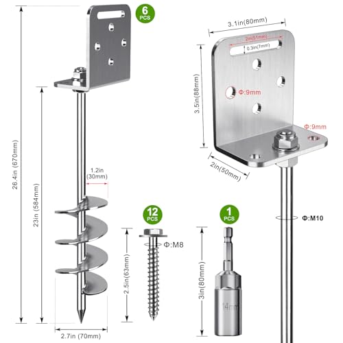 BeneLabel 6 Pack 24-Inch Ground Anchors with Spiral Blades & L-Brackets for Shed, Tent, Swing Set, Fence, Carport