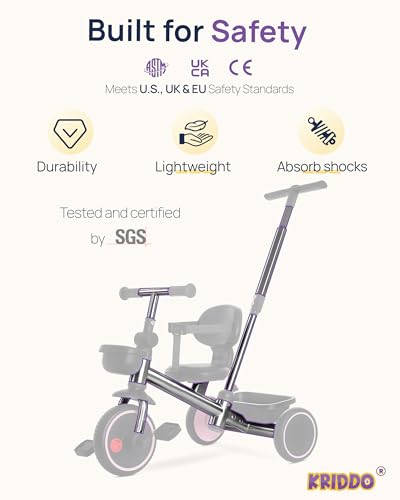 KRIDDO Pink 2-in-1 Parent-Controlled Toddler Tricycle for 1.5-5 Years