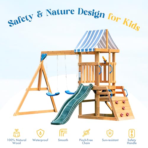 ROBUD Wooden Swing Set for Kids Backyard Play, 2 Swings & Slide