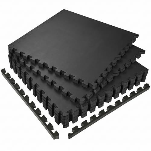 Black Interlocking Gym Floor Tiles - 6 Pack, 24 Sq Ft Rubber Top Workout Mat