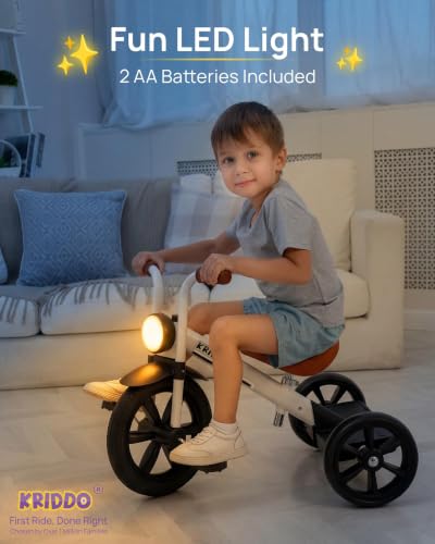KRIDDO Toddler Tricycle with Front Light - White, 2-5 Years, Safety-Designed Ride-on
