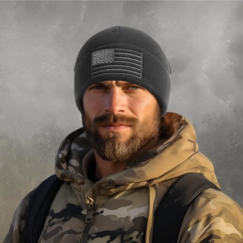 Outdoor Shaping American Flag Fleece Beanie with Embroidered Patch - Black, One Size