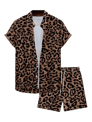 Men's Leopard Print Outfits Set - Button Down Shirt & Drawstring Shorts, Large Multicolor