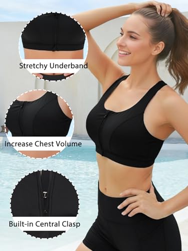 Women's Sports Bra Bikini Top for Large Bust Push Up Swimwear with Front Zipper - 3X-Large Black