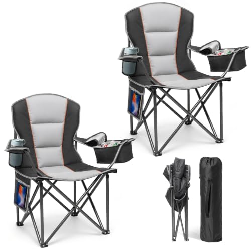 Suteck 2-Pack Heavy Duty Folding Camping Chairs Oversized Black - Portable, Sturdy, with Cooler