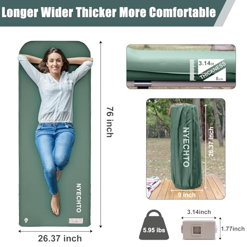 Green Self Inflating Sleeping Pad with Electric Pump, 3.14 Inch Memory Foam - Single
