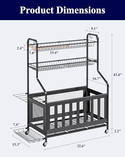 Garage Sports Equipment Organizer with Wheels - Black, 40 x 16.7 x 45.6 Inches