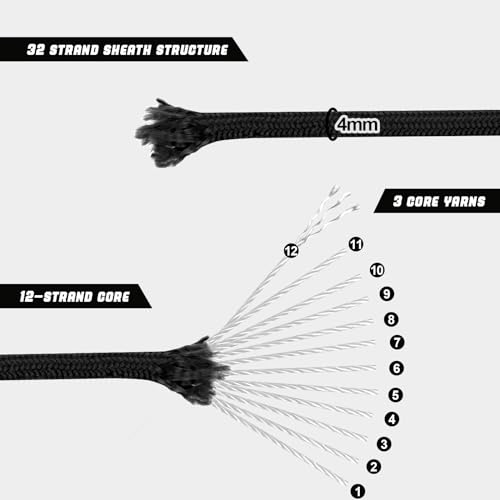 Black 1000ft Paracord Rope 4mm 12-Strand 1000lb Strength for Camping & DIY