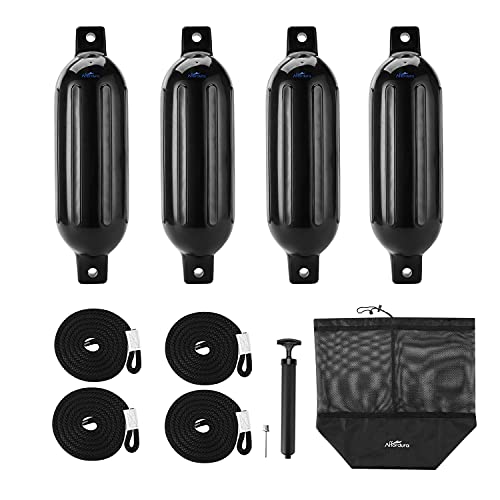 Affordura 5.5 Inch Black Boat Fenders 4 Pack with Ropes & Pump