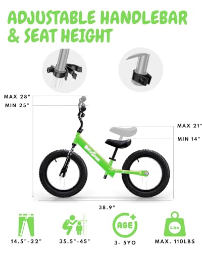 Bicystar 16 Inch Kids Balance Bike with Air Rubber Tires - Green / 14 Inch