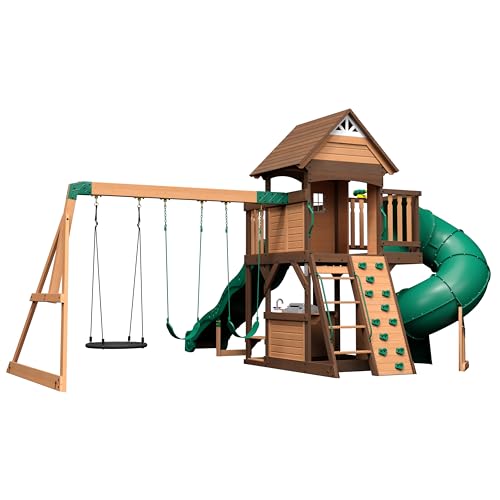 Cedar Cove Wooden Swing Set with Slides, Climbing Wall & Playhouse
