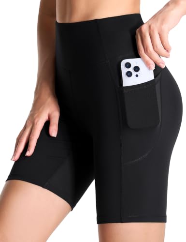 High Waist Yoga Shorts for Women with Tummy Control & Deep Pockets - Black 8" Medium