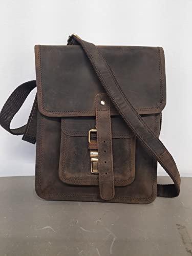 Distressed Tan Leather Crossbody Messenger Bag for Men & Women - 11 Inch Tablet Bag with Front Pocket