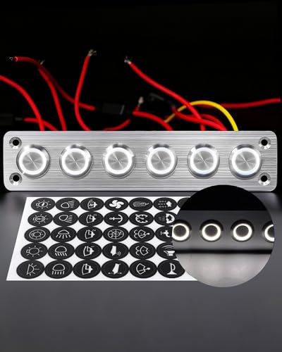 Marine Rocker Switch Panel 6 Gang Aluminum with White LED Indicator - 12-24V, Waterproof