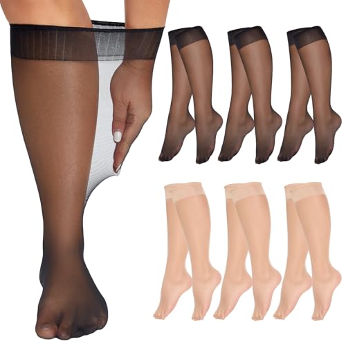Plus Size Knee High Socks 15 Denier Sheer Nylon Stockings Black/Natural 3X-Large-4X-Large