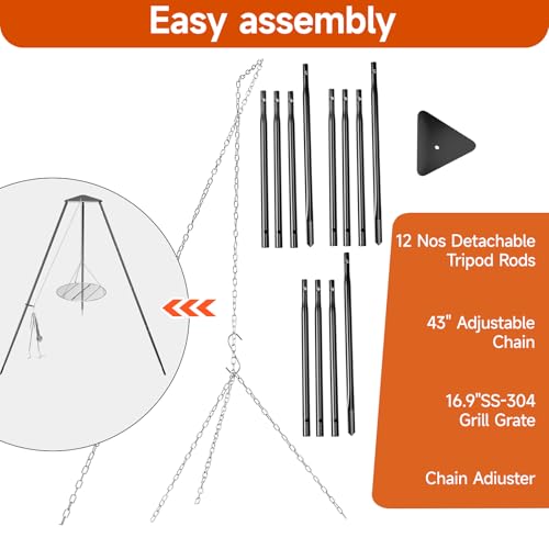 Campfire Tripod for Cooking with Circular Grill Grate - DPZM Variation A