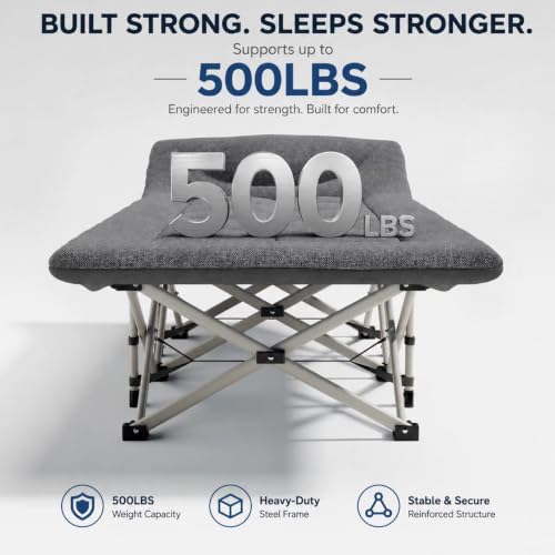 Heavy Duty Camping Cot with Mattress for Adults - 10 Legs, 500 lbs Capacity