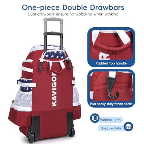 KAVIGOR Red, White & Blue Catchers Gear Bag with Wheels - 90L Baseball Softball Equipment Carrier for 2 Sets