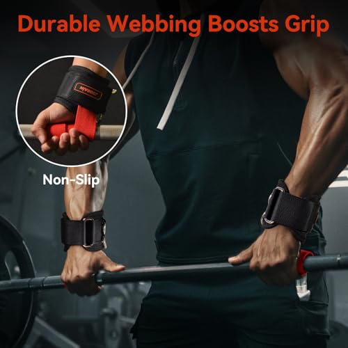 Weight Lifting Straps with D Rings - Red, Neoprene Padding, Non-Slip Grip