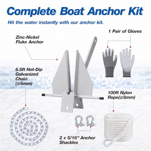 10 lb Zinc-Nickel Fluke Boat Anchor Kit with Rope and Accessories - For 16-26Ft Vessels