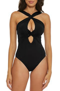 Large Black Becca Women's Color Code One-Piece Swimsuit High Neck Bathing Suit
