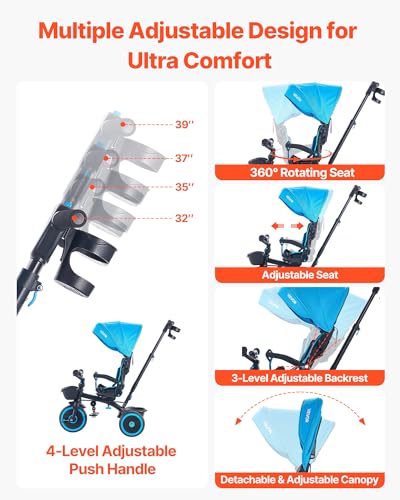 VEVOR 6-in-1 Toddler Tricycle & Stroller with Canopy, Parent Push Handle, Adjustable Seat, Blue/Black
