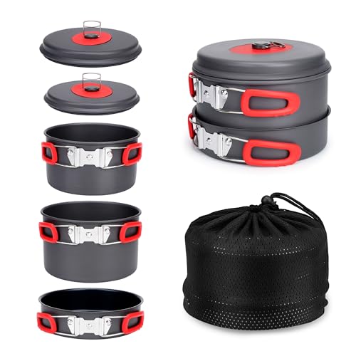 ALOCS Camping Cookware Set 3.5L + 2.2L Pots and 21.6cm Frying Pan - Lightweight Portable Kitchen for 4 People