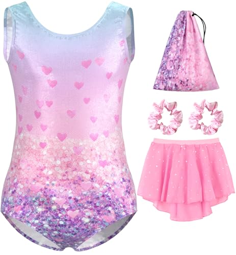 Girls Gymnastics Leotard Set with Removable Skirt - Pink-Purple Heart, Age 9-10