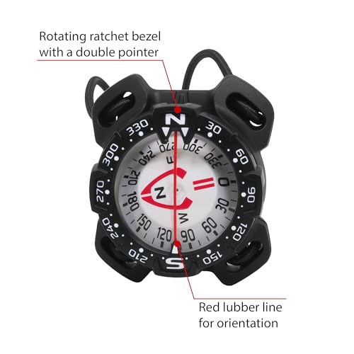 Scuba Dive Compass with Glow Dark Face Waterproof to 230ft - Bungee Mount