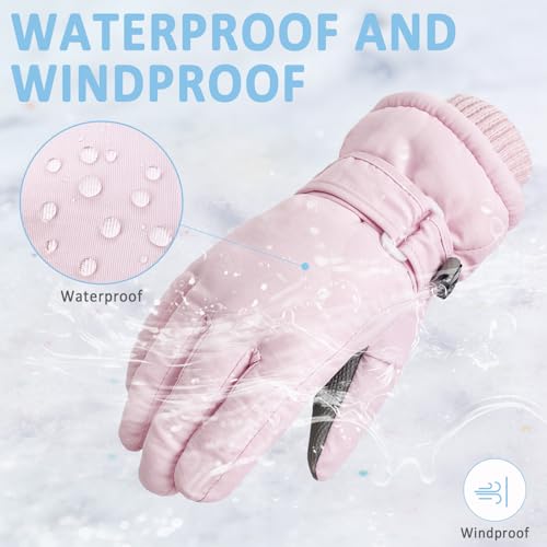 Kids Winter Gloves Waterproof Fleece Ski Snowboard Mittens Pink Medium