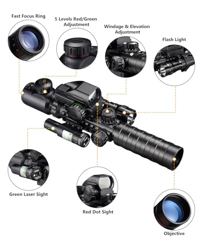 MidTen 5-in-1 Scope Combo with Illuminated Scope Laser & Red/Green Dot Sight, Rangefinder & Mount, Green Variant