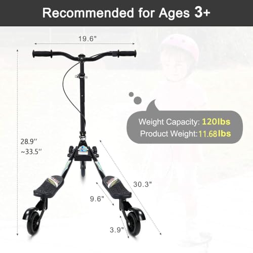 AODI Kids Foldable 3-Wheel Swing Scooter with LED Wheels & Adjustable Handlebar - Black
