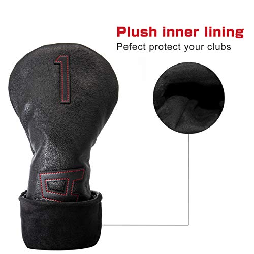 Golf Club Head Cover Set Red for 2-7 and 3/4/5/7 Wood & Hybrid Clubs - Leather