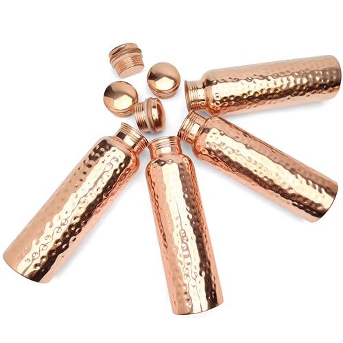 Set of 4 Hammered Copper Water Bottles 34oz - Pure, Leakproof, Reusable