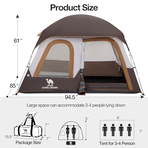 Camel Crown 4 Person Waterproof Camping Tent - Coffee Brown, Lightweight & Portable for Outdoor Hiking & Camping