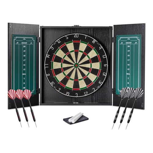 18-Inch Dartboard Cabinet Set with Steel Tip Darts & Chalkboard Scoreboard