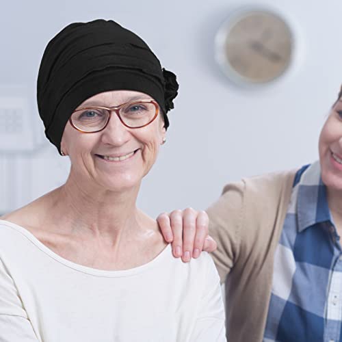 Chemo Turban Headwear for Women 4 Pack - Black, Gray, Khaki, Burgundy with Flower Design