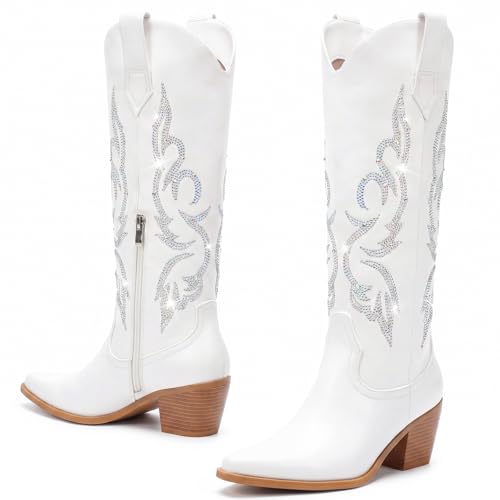 Platikly Women's Creamy White Cowboy Boots - Wide Calf Rhinestone Tall Western Boots, Side Zipper, Embroidery, Glitter Sparkle, Retro Cowgirl Footwear