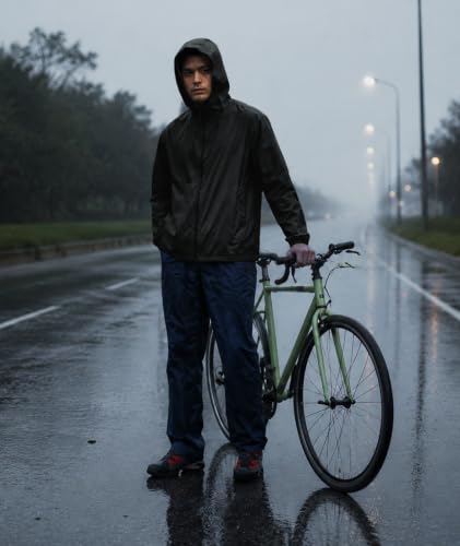 Men's Lightweight Hooded Waterproof Rain Jacket - Black, Medium, Packable Windbreaker